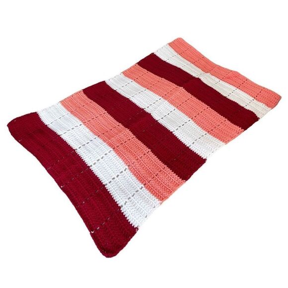 Cuddledown Hospitality Striped Knit Throw Blanket Maroon Red Pink Coral White 41 - Picture 1 of 3